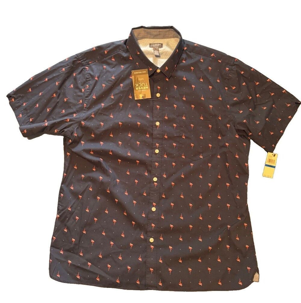 NWT Van Heusen Mens XL Navy Blue Flamingo Never Tuck Short Sleeve Shirt